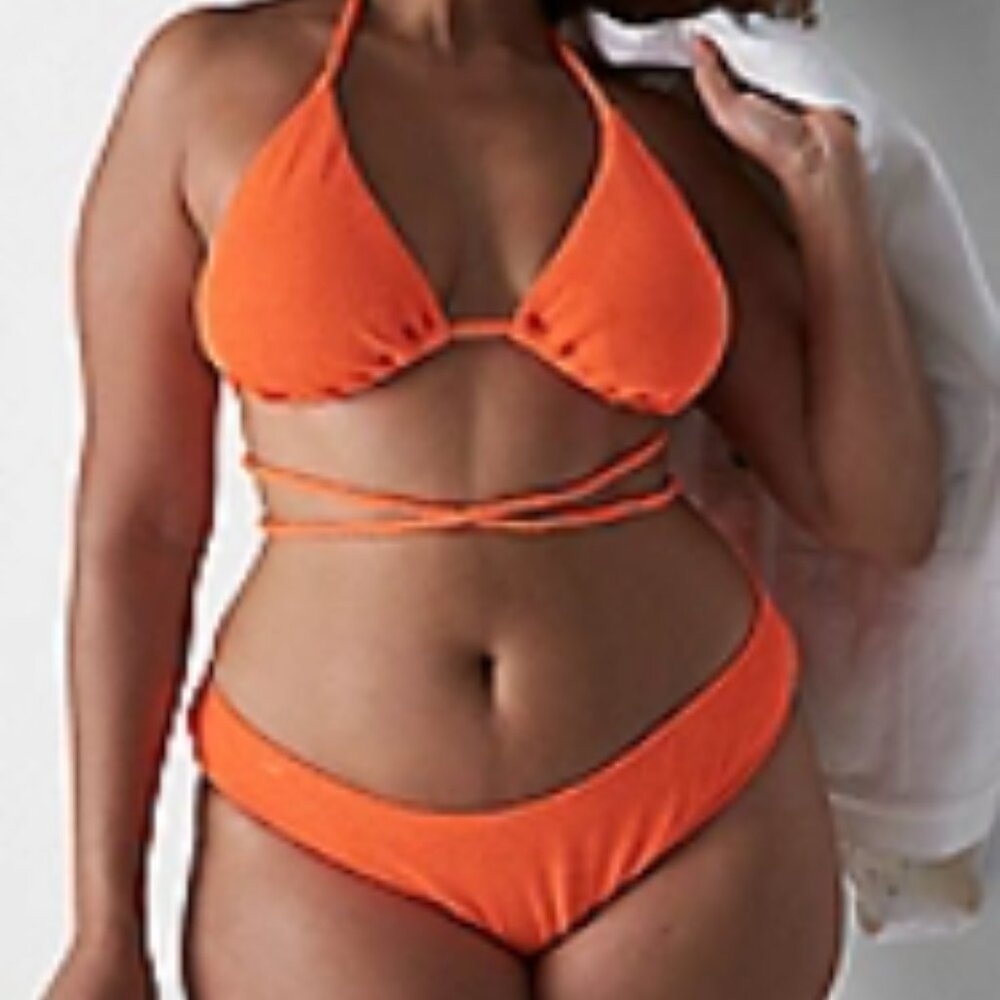 Cacique Swim Lane Bryant Plus Size 10 Neon Orange Crinkle String Bikini Hi Leg - Picture 3 of 13